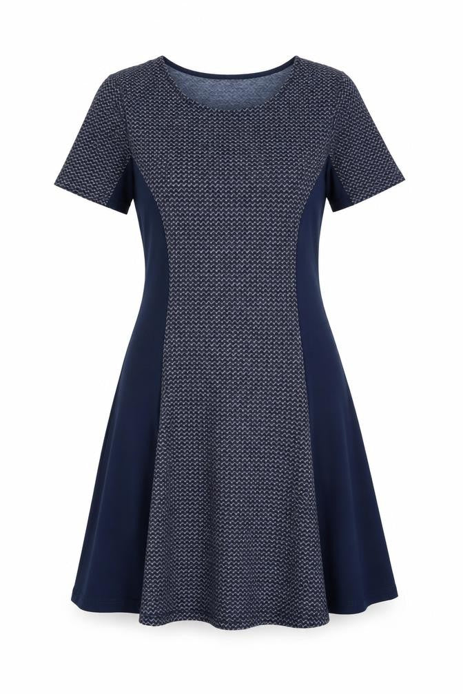 Front view of Izabel women’s blue geometric polyester fit & flare, size UK 14, round neck pullover