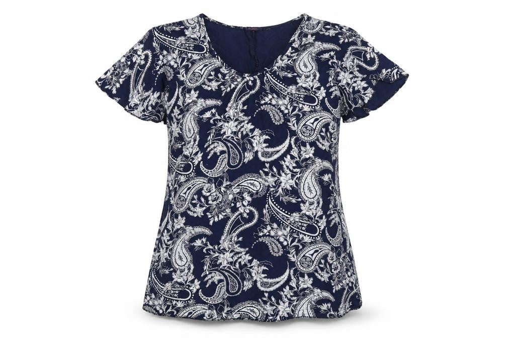 Front view of Style Plus women’s blue geometric viscose basic t-shirt, size M, round neck