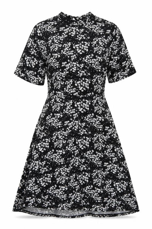 Front view of Peacocks women’s black floral viscose a-line, size UK 10, mock neck button