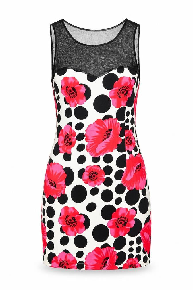 Front view of Alter London women’s multicoloured polka dot polyester mini, size UK 10, round neck pullover - flower pattern