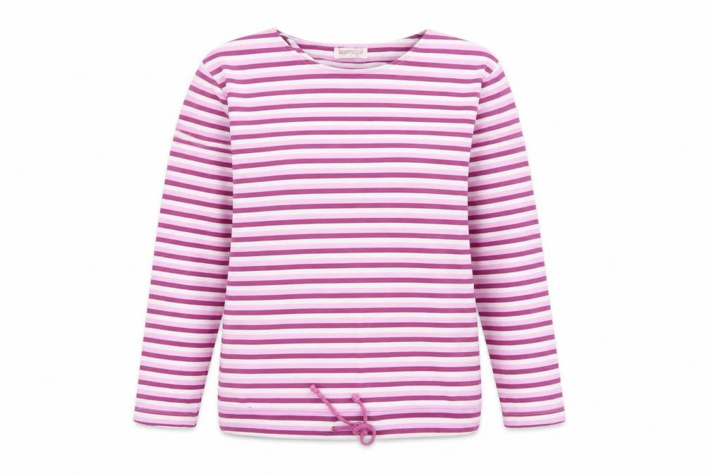 Front view of Bonmarché women’s purple striped polyester basic t-shirt, size S, round neck