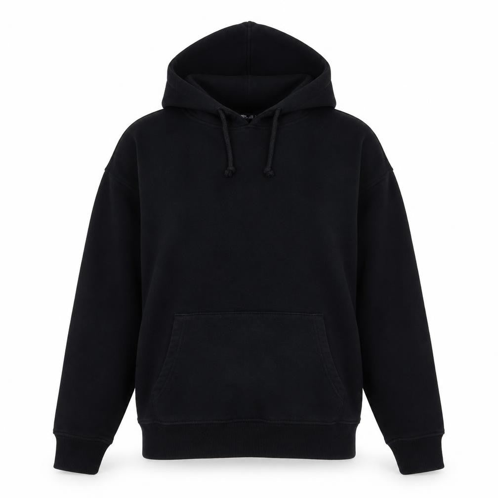 Front view of Missguided women’s black cotton pullover hoodie, size UK 8, pullover