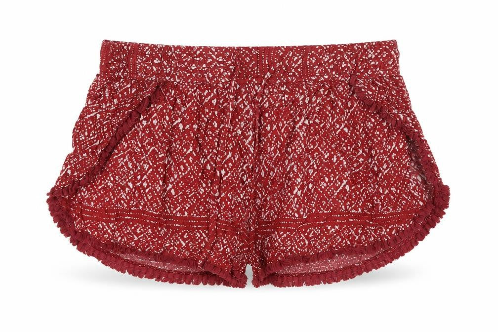 Front view of Ecote women’s red geometric viscose hot pants shorts, size M, regular pull on