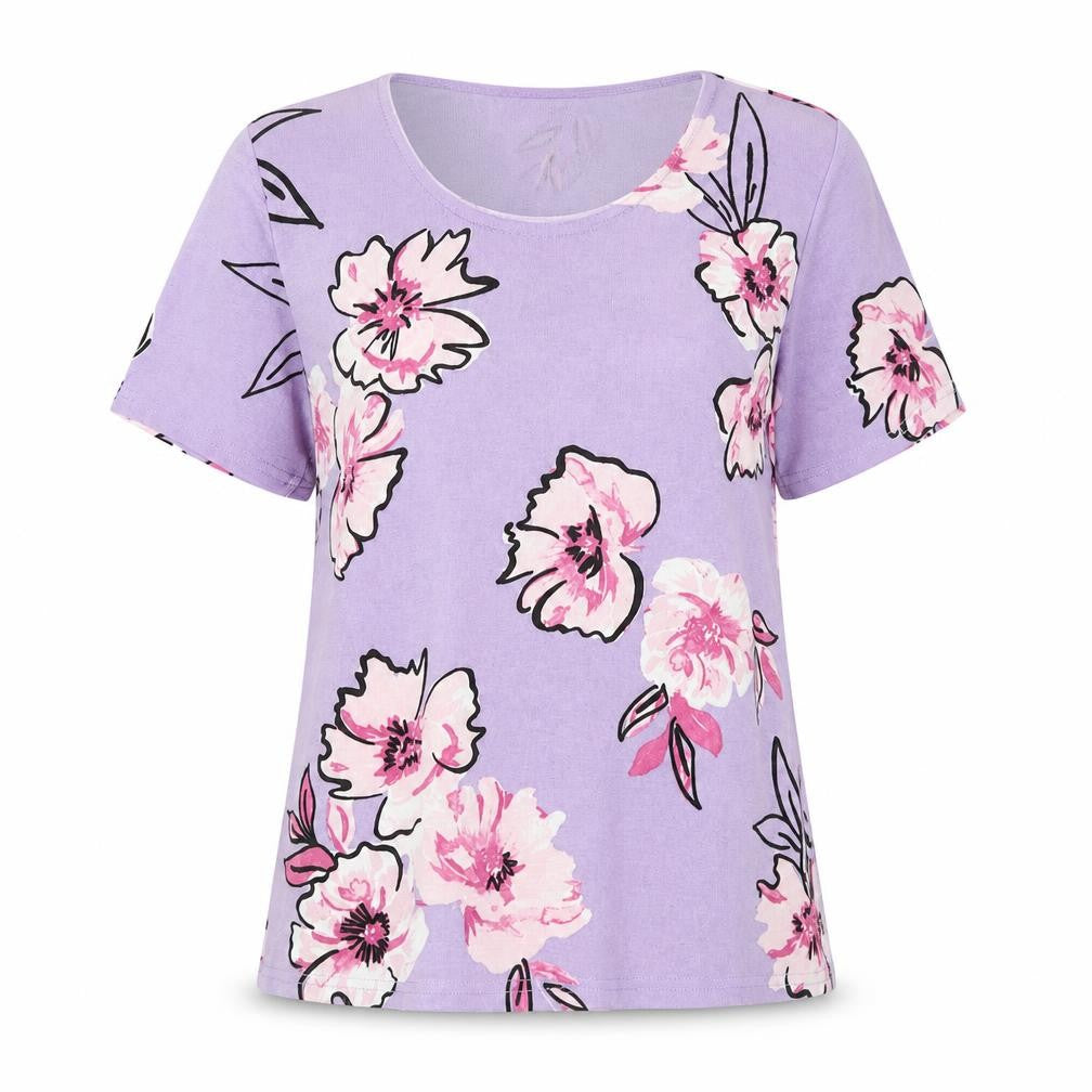 Front view of Julipa women’s purple floral polyester basic t-shirt, size UK 8, round neck