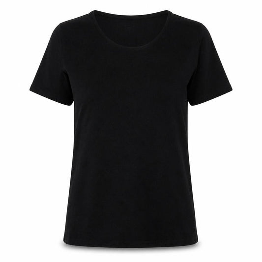 Front view of Julipa women’s black polyester basic t-shirt, size UK 8, round neck