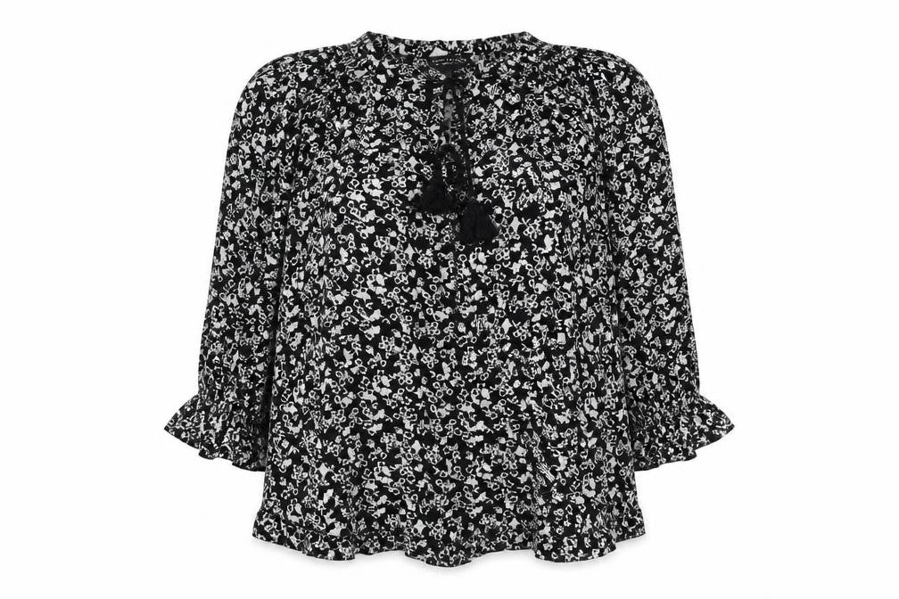 Front view of Dorothy Perkins women’s black geometric viscose basic blouse, size UK 12, round neck