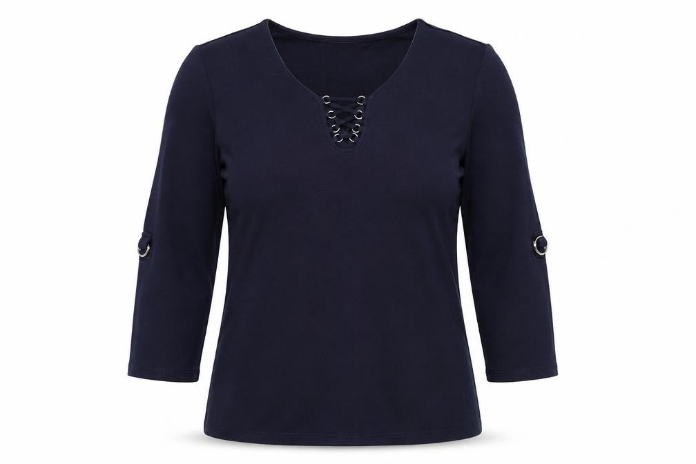 Front view of Rockmans women’s blue polyester basic t-shirt, size S, v-neck