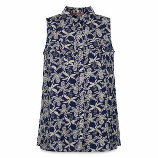 Front view of Dickins & Jones women’s blue geometric viscose basic blouse, size UK 12, v-neck