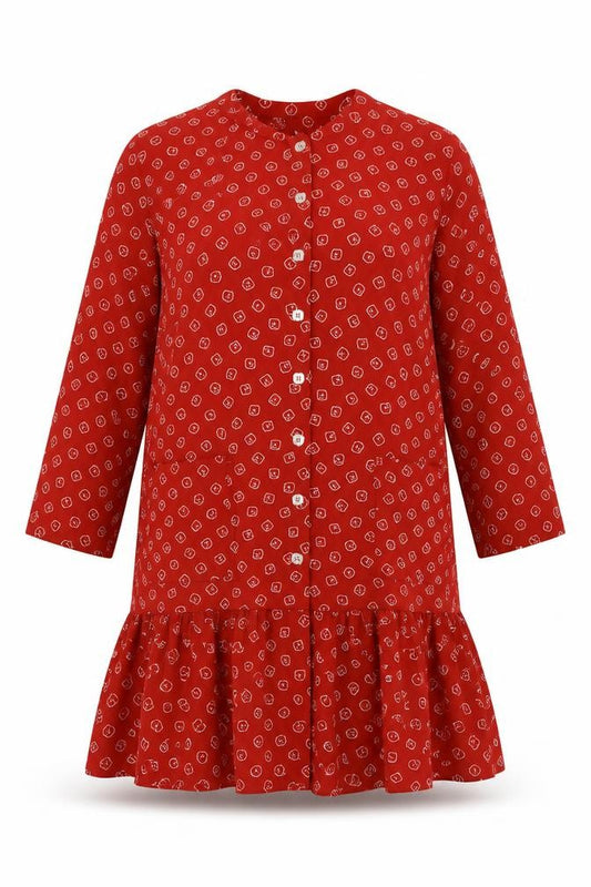 Front view of Liz Clayborne women’s red geometric polyester fit & flare, size UK 12, round neck button