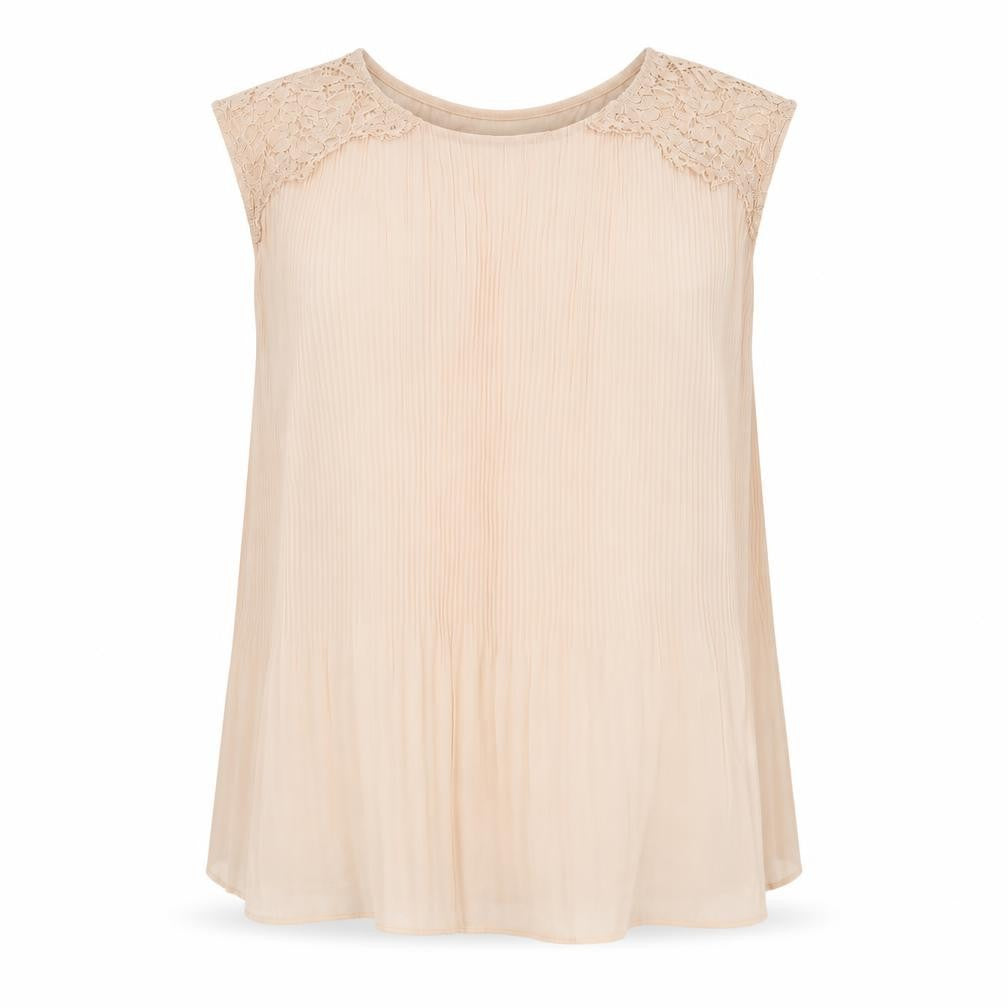 Front view of F&F women’s beige polyester basic blouse, size UK 12, round neck - lace detail