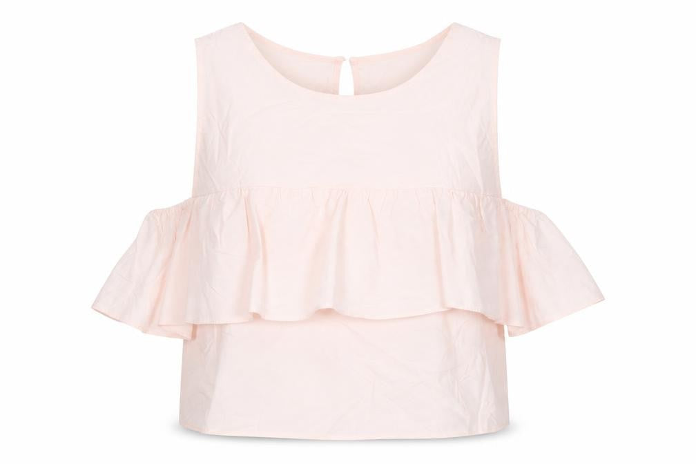 Front view of Atmosphere women’s pink cotton cropped blouse, size UK 12, round neck