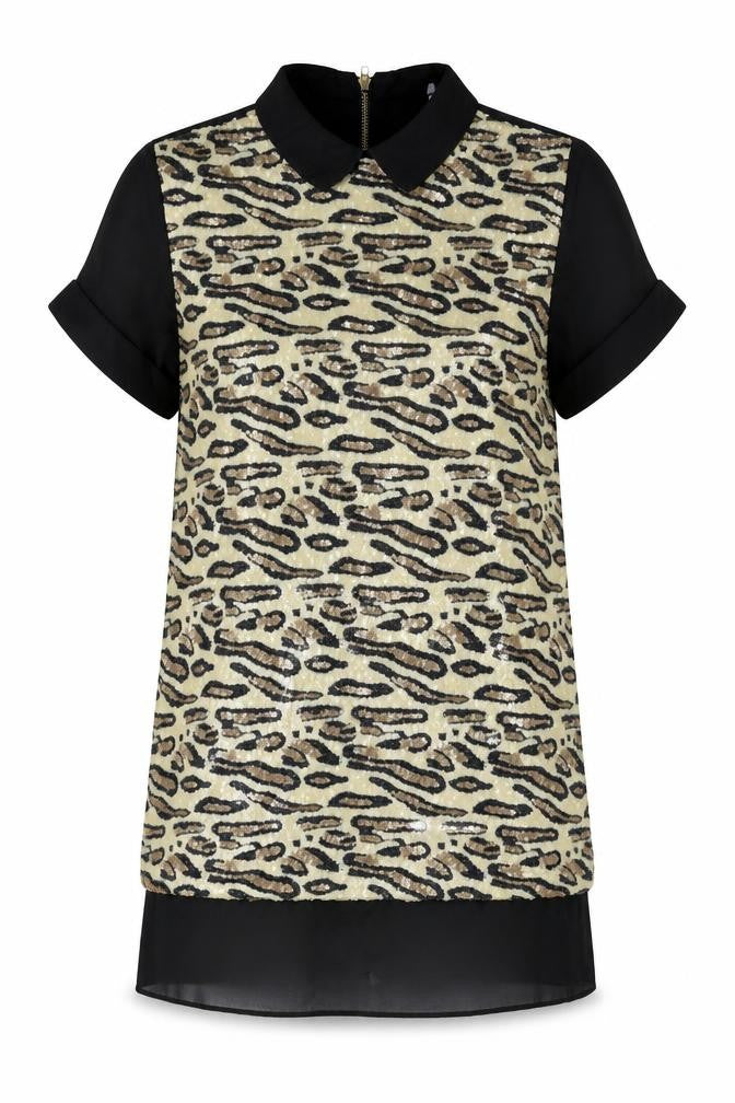 Front view of Sweewë Paris women’s black geometric polyester sheath, size S, collared zip -, size S/m