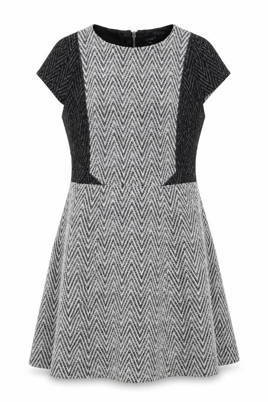 Front view of Oasis women’s grey geometric cotton fit & flare, size UK 14, round neck zip
