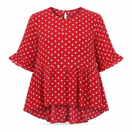 Front view of SHEIN women’s red polka dot polyester basic blouse, size XS, round neck