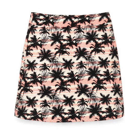 Front view of Preworn women’s multicoloured geometric cotton bandage skirt, size UK 8, zip - palm tree pattern