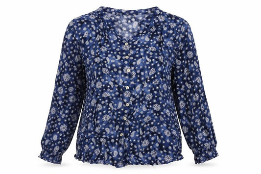 Front view of Dorocci women’s blue geometric viscose basic button-up, size 2XL, collared