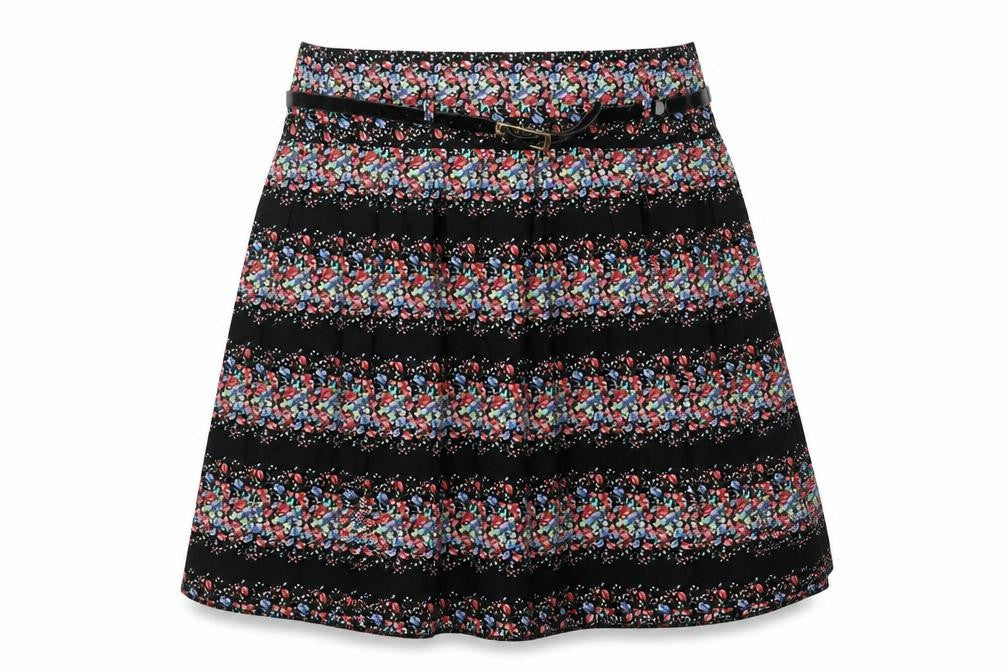 Dorothy Perkins Womens Black Floral Cotton Skater Skirt Size 10 Zip - Belt Inlcuded