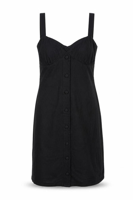 Front view of ASOS women’s black cotton tank dress, size UK 8, off the shoulder pullover