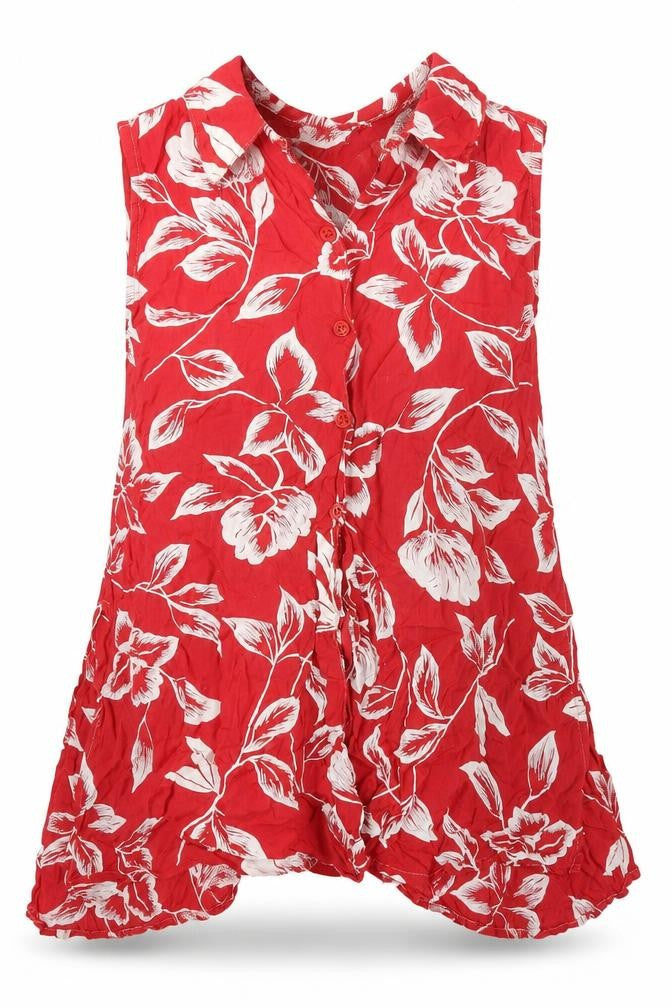 Front view of Move In women’s red floral viscose basic tank, size S, v-neck