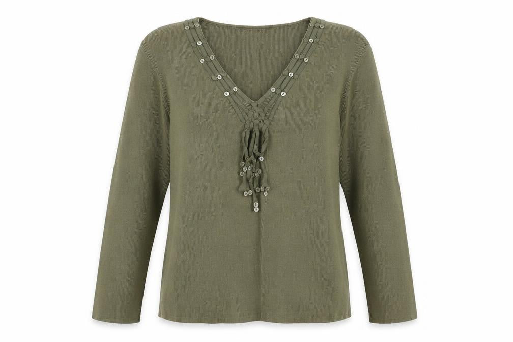 Front view of Principles women’s green v-neck cotton jumper, size UK 14
