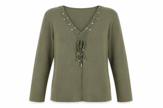 Front view of Principles women’s green v-neck cotton jumper, size UK 14