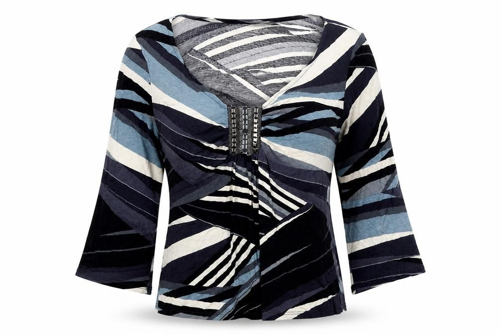 Front view of Wallis women’s blue geometric viscose basic blouse, size UK 12, scoop neck