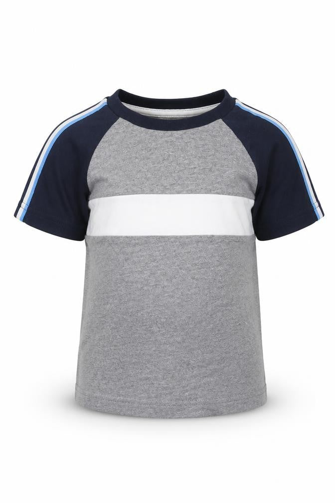 Front view of Next boys’ grey colourblock cotton basic t-shirt, size 12, months round neck pullover