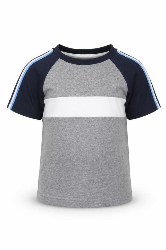 Front view of Next boys’ grey colourblock cotton basic t-shirt, size 12, months round neck pullover