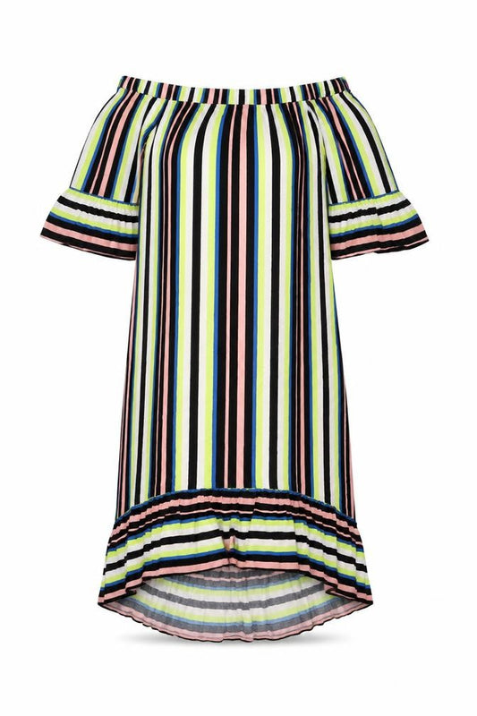 Front view of Primark women’s multicoloured striped polyester shift, size UK 6, off the shoulder pullover - bardot