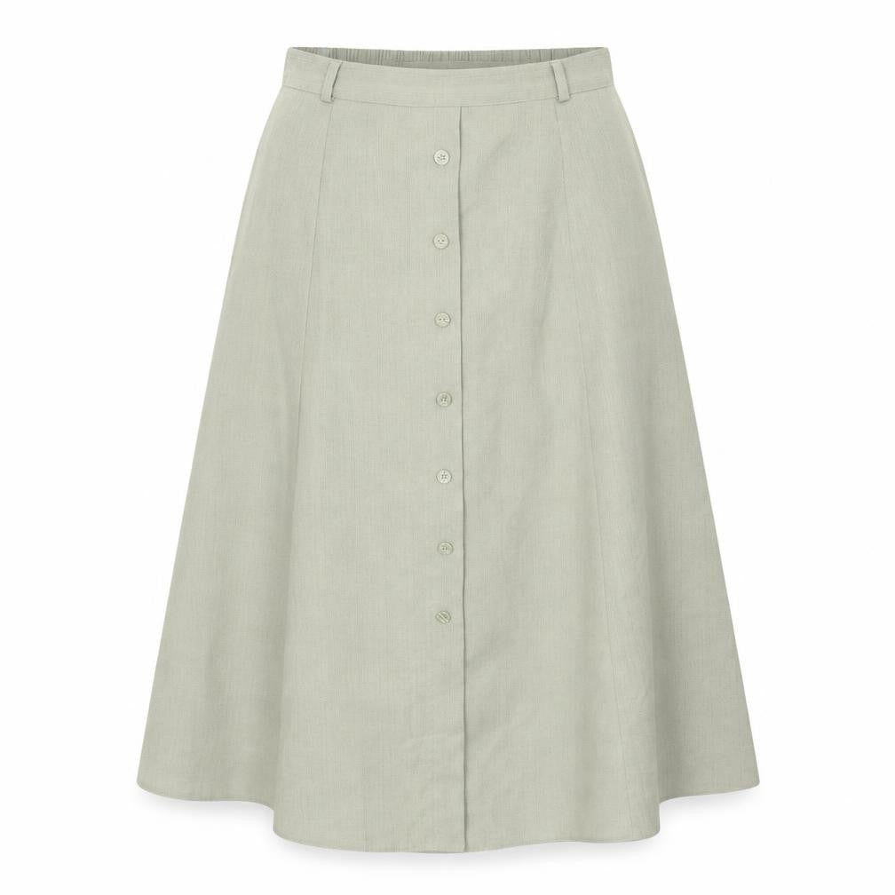 Front view of Bonmarché women’s green polyester swing skirt, size UK 14, button