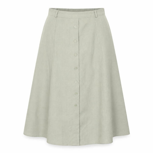 Front view of Bonmarché women’s green polyester swing skirt, size UK 14, button