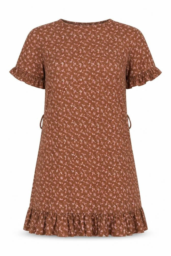 Front view of PRETTYLITTLETHING women’s brown geometric polyester a-line, size UK 10, round neck pullover