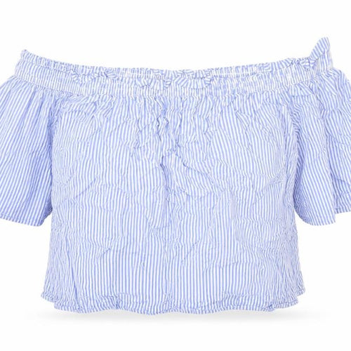 Marks and Spencer Womens Blue Striped Viscose Cropped Blouse Size 14 Off the Shoulder