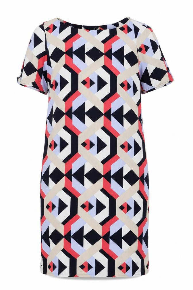 Front view of Marks & Spencer women’s multicoloured geometric polyester shift, size UK 10, boat neck pullover