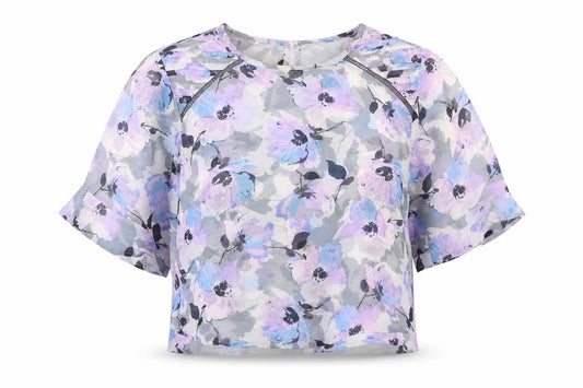 Front view of Papaya women’s multicoloured floral polyester cropped t-shirt, size UK 12, round neck
