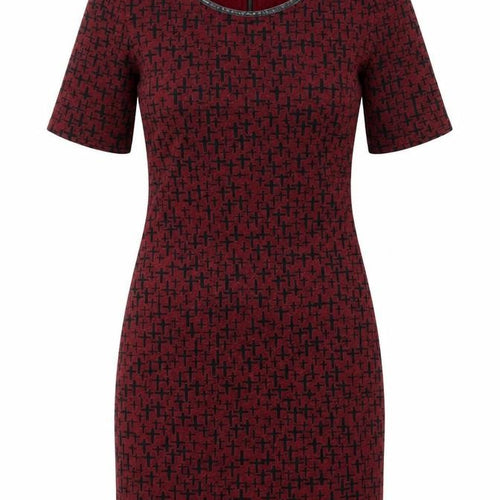 Topshop Womens Red Geometric Cotton Pencil Dress Size 10 Scoop Neck Zip - Cross Print, Leatherette Trim