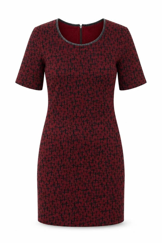 Topshop Womens Red Geometric Cotton Pencil Dress Size 10 Scoop Neck Zip - Cross Print, Leatherette Trim
