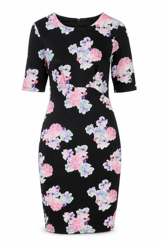 Front view of Dorothy Perkins women’s multicoloured floral polyester bodycon, size UK 8, round neck button