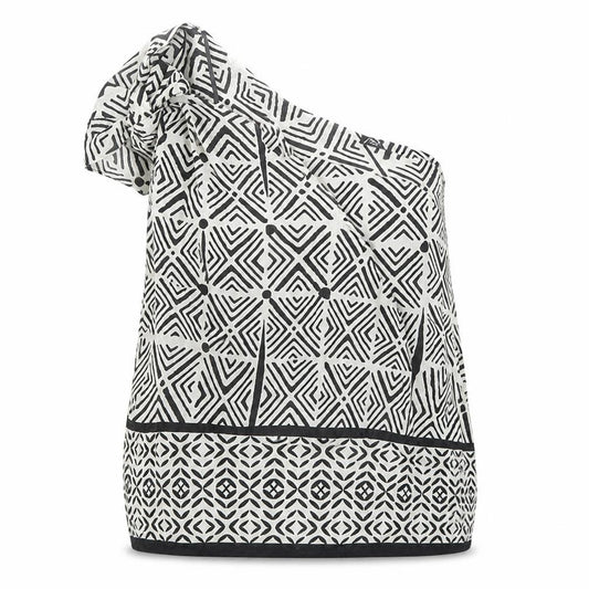 Front view of Zara women’s multicoloured geometric 100% cotton basic tank, size L, one shoulder