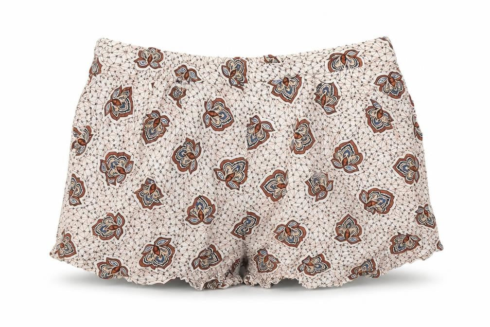Front view of H&M women’s multicoloured geometric viscose hot pants shorts, size UK 10, regular pull on