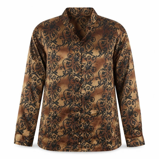 Front view of Notations women’s brown geometric polyester basic button-up, size UK 16, v-neck