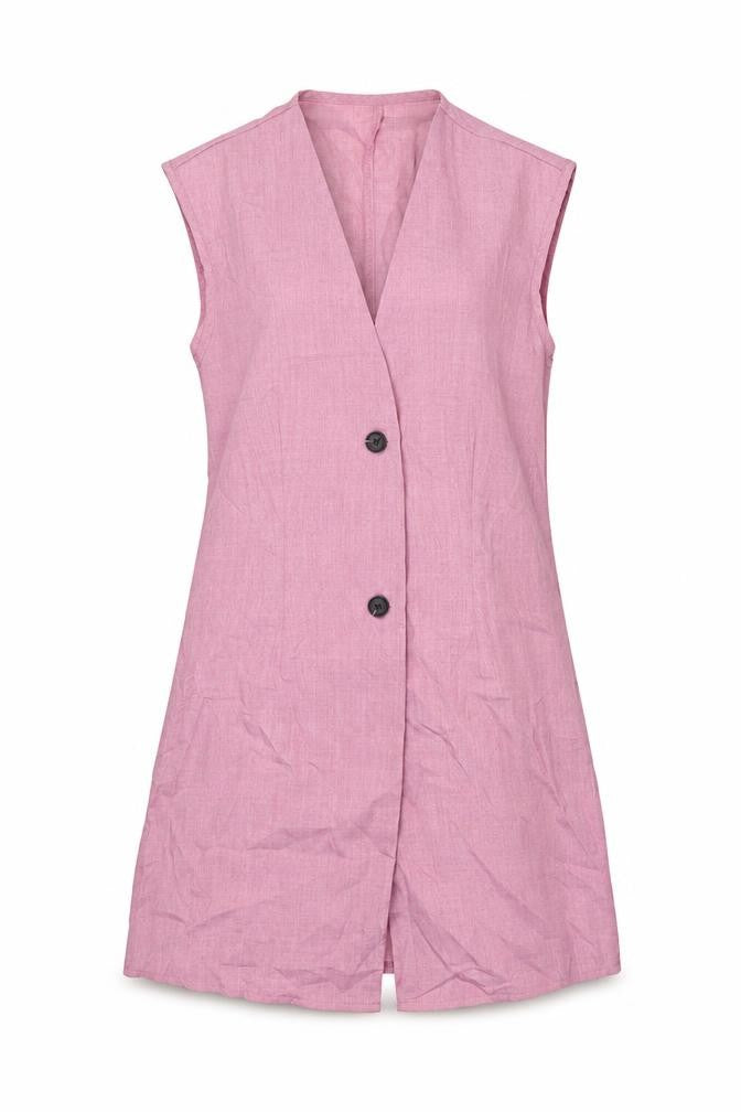 Front view of Gomorn women’s pink polyester jacket dress, size S, v-neck button