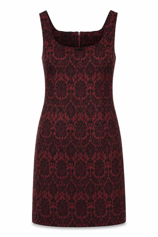 Front view of Petites women’s red geometric viscose a-line, size UK 10, square neck zip