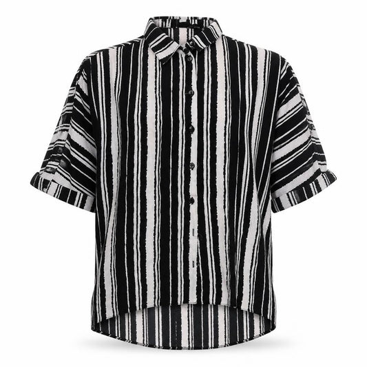 Front view of New Look women’s black striped polyester basic button-up, size UK 8, v-neck - cold shoulder