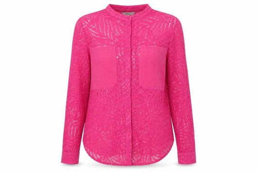 Front view of Next women’s pink polyester basic button-up, size UK 8, round neck