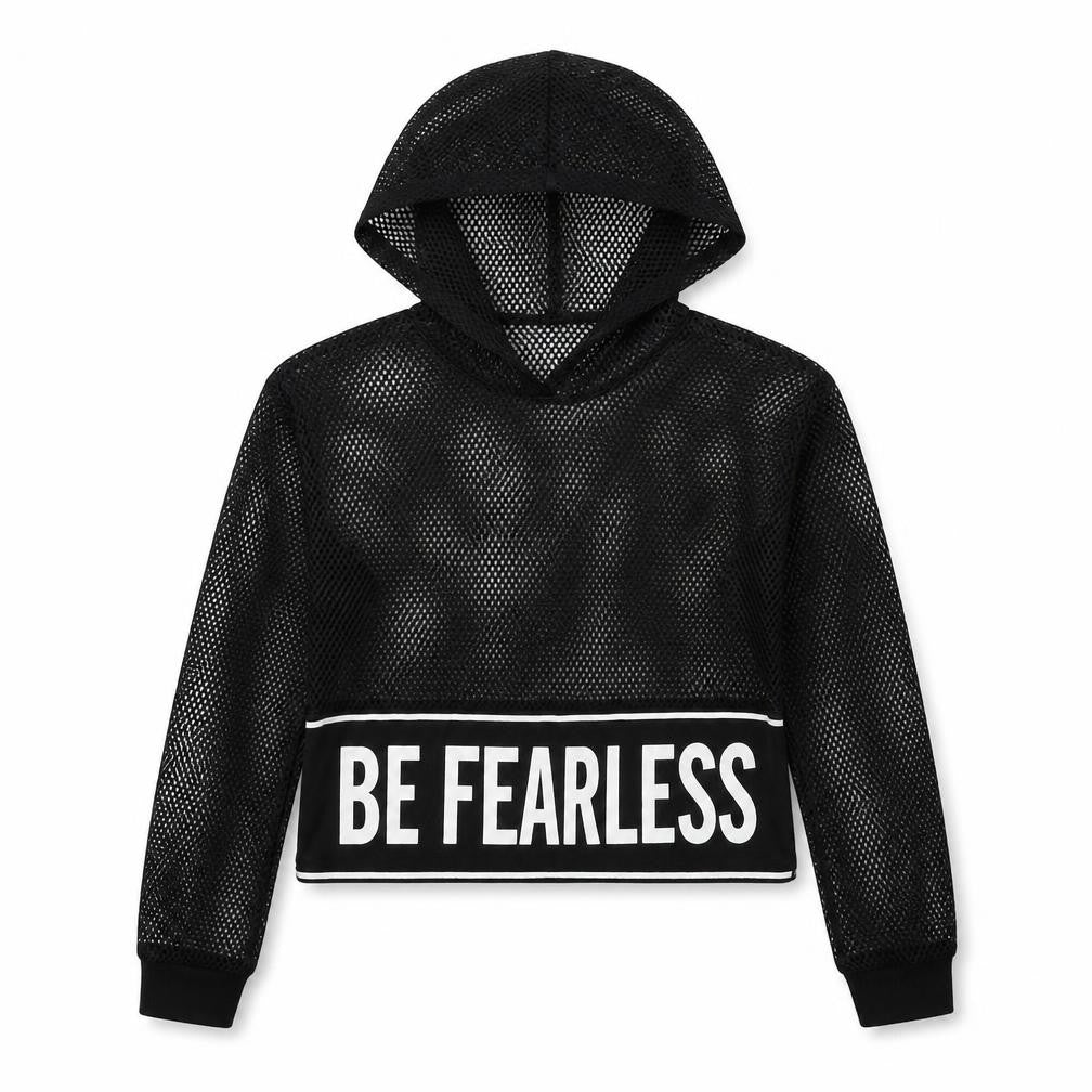Front view of SHEIN girls’ black polyester pullover hoodie, size 9, years pullover - be fearless