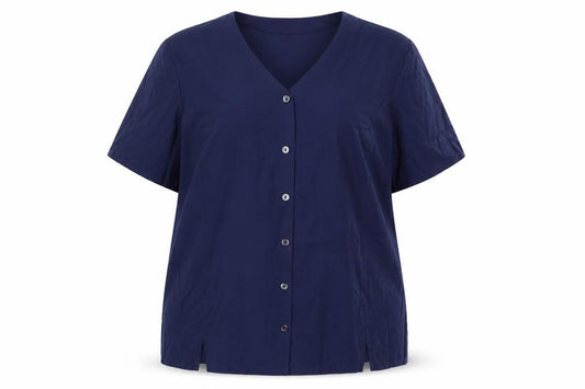 Front view of Preworn women’s blue viscose basic button-up, size UK 12, v-neck