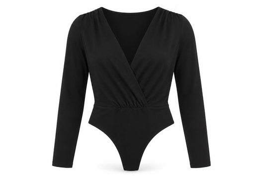 Front view of PRETTYLITTLETHING women’s black viscose bodysuit one-piece, size UK 12, pullover