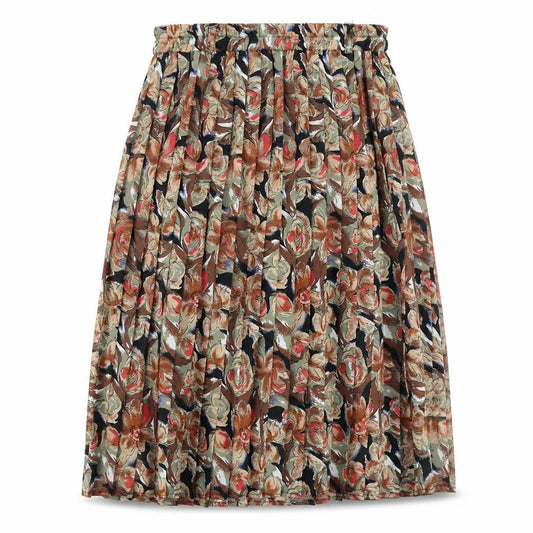Front view of Preworn women’s brown floral polyester pleated skirt, size UK 30, in