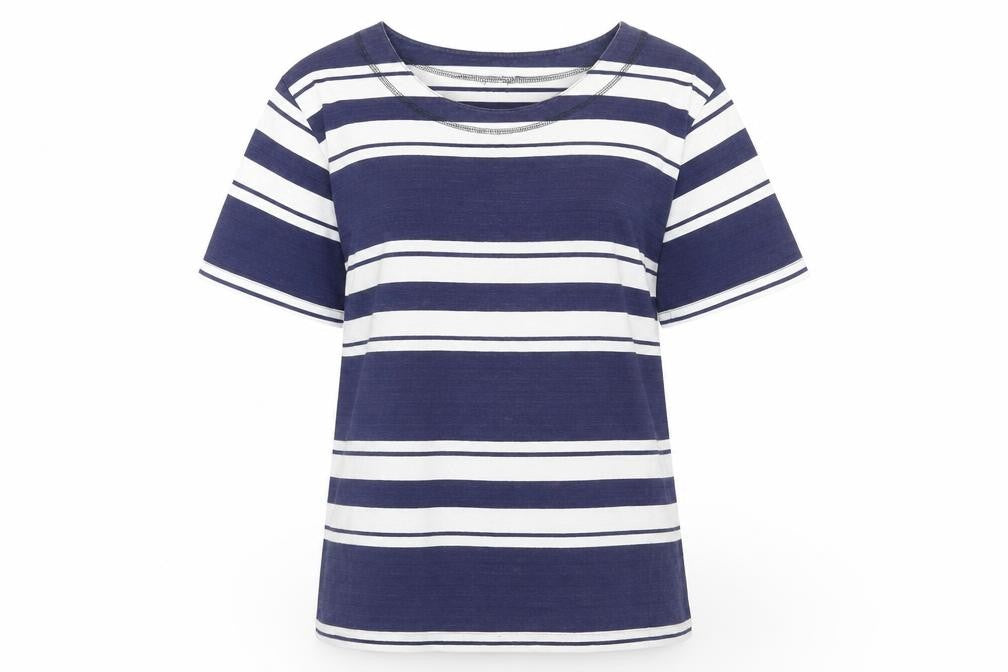Front view of Pamplemousse women’s blue striped 100% cotton basic t-shirt, size UK 10, round neck